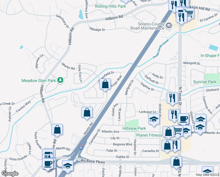map of restaurants, bars, coffee shops, grocery stores, and more near 2812 Montclair Way in Fairfield