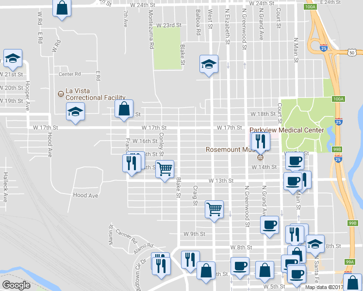 map of restaurants, bars, coffee shops, grocery stores, and more near 828 West 16th Street in Pueblo