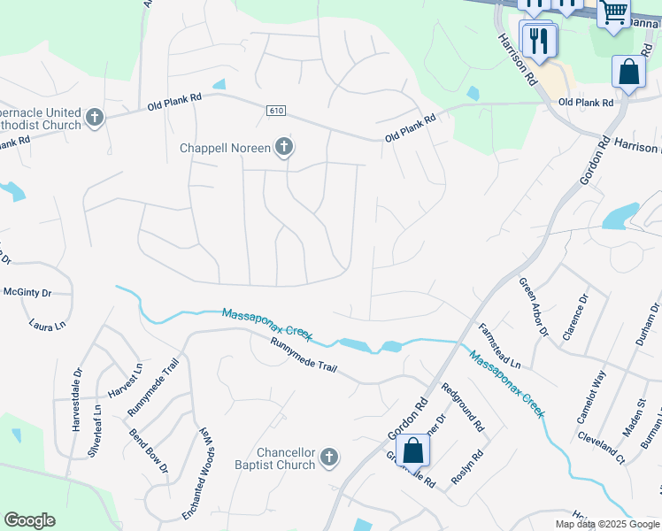 map of restaurants, bars, coffee shops, grocery stores, and more near 11802 Arbor Glen Drive in Fredericksburg