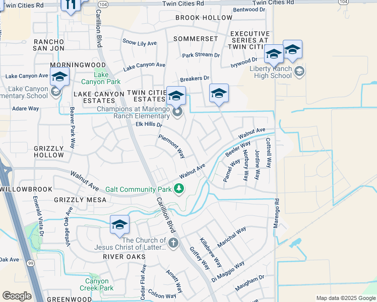 map of restaurants, bars, coffee shops, grocery stores, and more near 1018 Elk Hills Drive in Galt