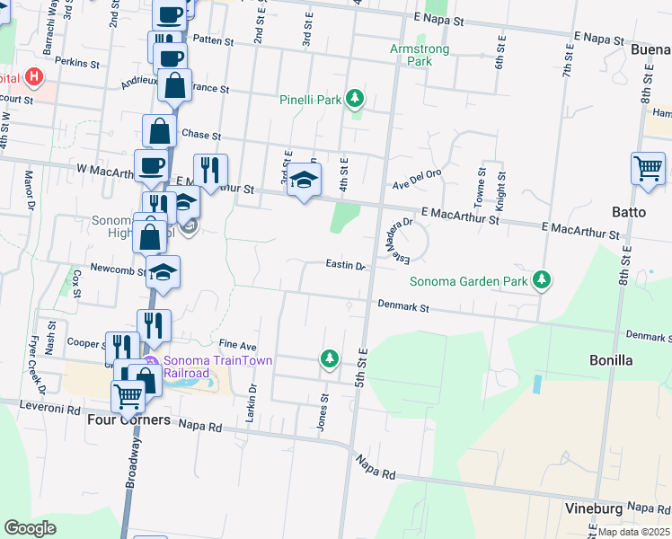 map of restaurants, bars, coffee shops, grocery stores, and more near 445 Eastin Drive in Sonoma