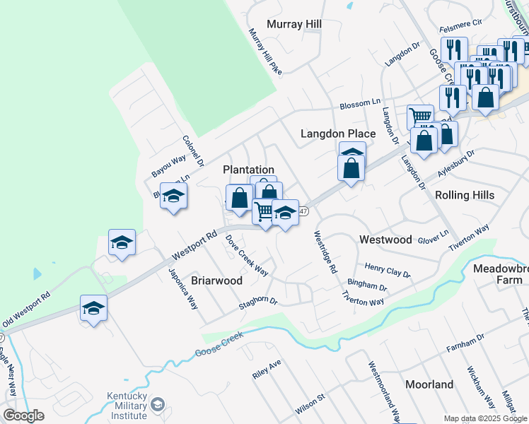 map of restaurants, bars, coffee shops, grocery stores, and more near 2402 Hermitage Way in Louisville