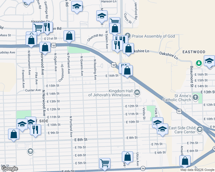 map of restaurants, bars, coffee shops, grocery stores, and more near 1932 East 15th Street in Pueblo