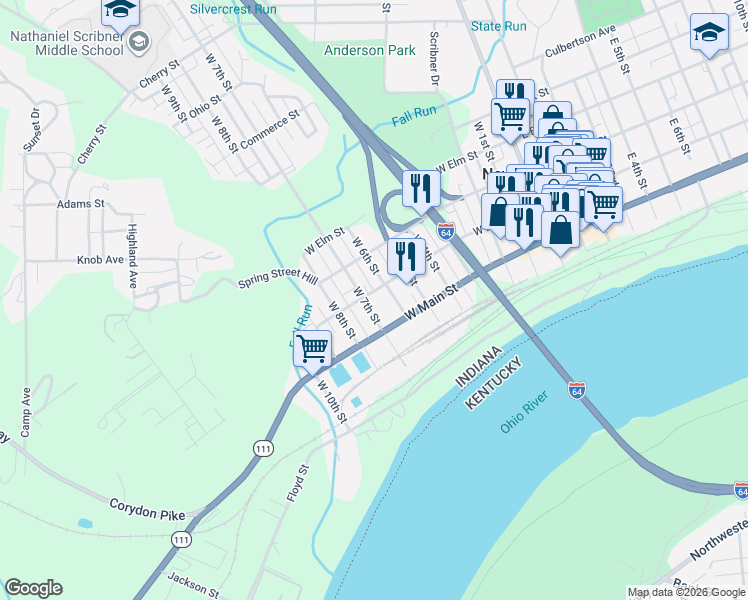 map of restaurants, bars, coffee shops, grocery stores, and more near 223 West 6th Street in New Albany