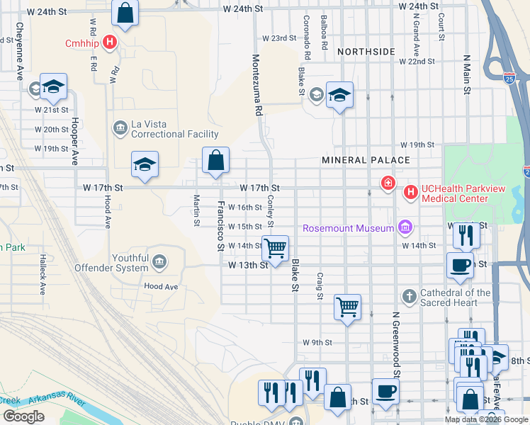 map of restaurants, bars, coffee shops, grocery stores, and more near 926 West 16th Street in Pueblo