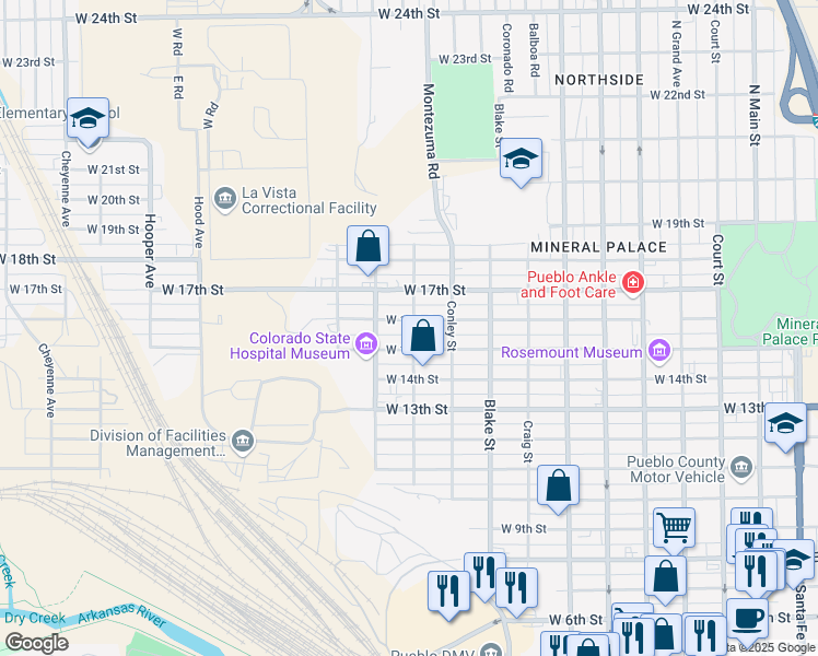 map of restaurants, bars, coffee shops, grocery stores, and more near 1026 West 16th Street in Pueblo