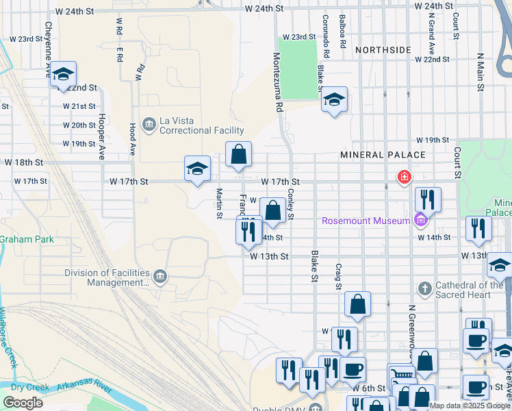 map of restaurants, bars, coffee shops, grocery stores, and more near 1126 West 16th Street in Pueblo