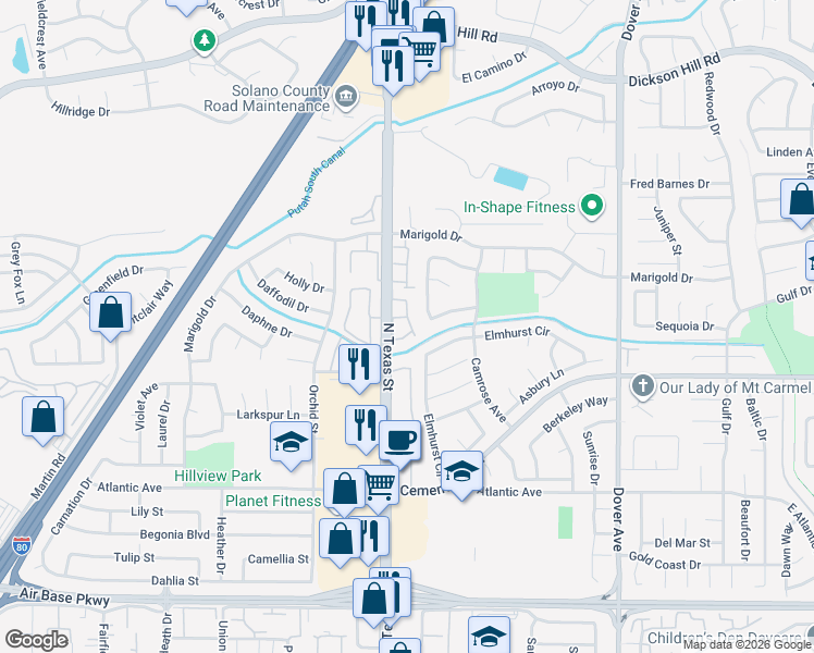 map of restaurants, bars, coffee shops, grocery stores, and more near 2874 North Texas Street in Fairfield