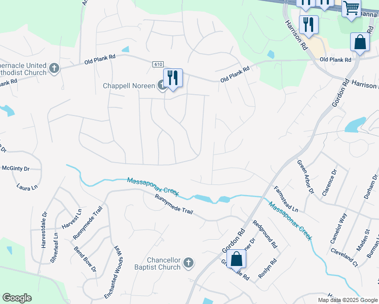 map of restaurants, bars, coffee shops, grocery stores, and more near 11802 Arbor Glen Drive in Fredericksburg