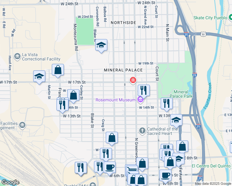 map of restaurants, bars, coffee shops, grocery stores, and more near 1520 West Street in Pueblo