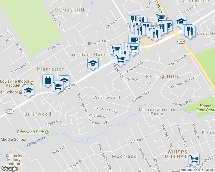 map of restaurants, bars, coffee shops, grocery stores, and more near 9103 Glover Lane in Louisville