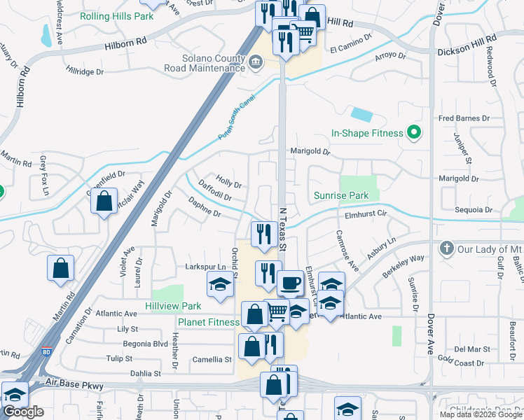 map of restaurants, bars, coffee shops, grocery stores, and more near 2915 North Texas Street in Fairfield