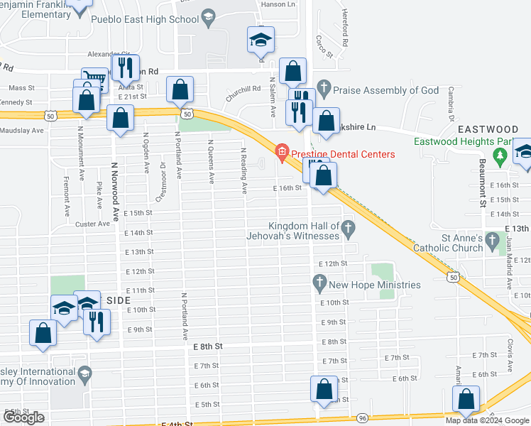 map of restaurants, bars, coffee shops, grocery stores, and more near 1932 East 15th Street in Pueblo