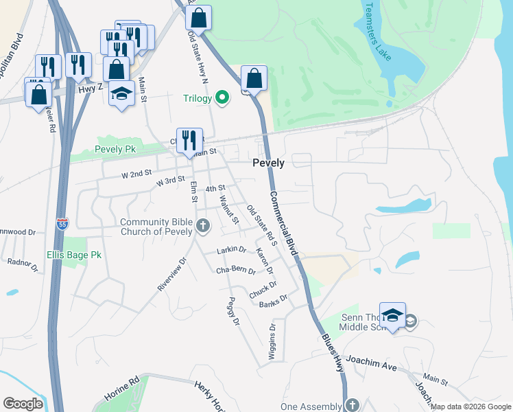 map of restaurants, bars, coffee shops, grocery stores, and more near 501 Old State Road South in Pevely