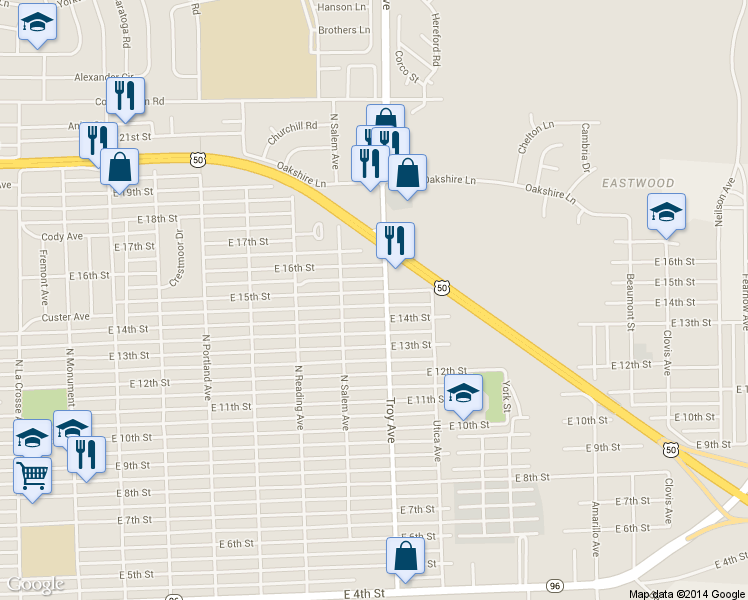 map of restaurants, bars, coffee shops, grocery stores, and more near 2036 East 15th Street in Pueblo