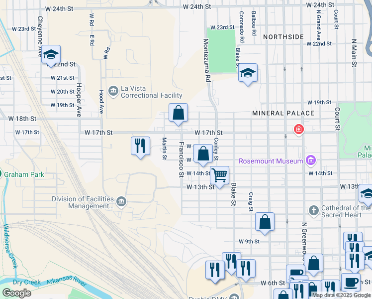 map of restaurants, bars, coffee shops, grocery stores, and more near 1126 West 16th Street in Pueblo