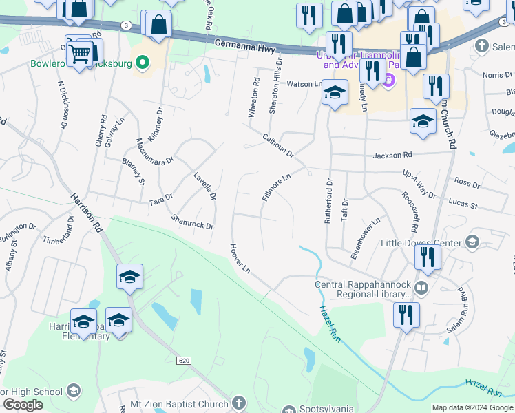 map of restaurants, bars, coffee shops, grocery stores, and more near 11802 Fillmore Lane in Fredericksburg
