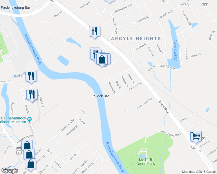 map of restaurants, bars, coffee shops, grocery stores, and more near 1904 Mimosa St in Fredericksburg