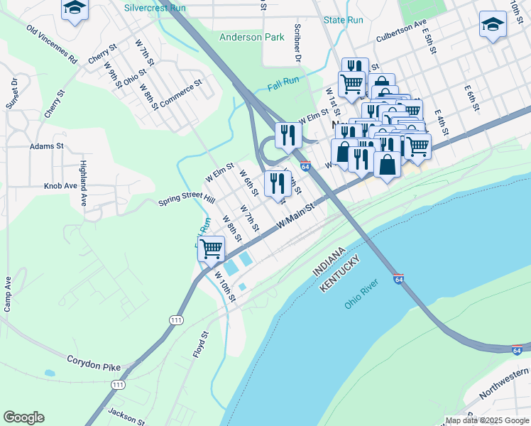 map of restaurants, bars, coffee shops, grocery stores, and more near 223 West 6th Street in New Albany