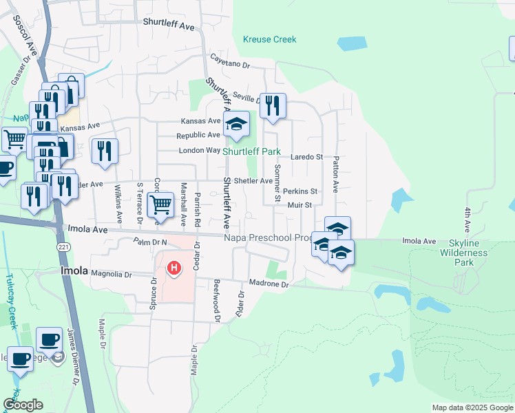 map of restaurants, bars, coffee shops, grocery stores, and more near 2129 Russell Street in Napa