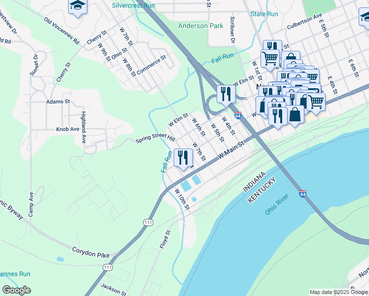 map of restaurants, bars, coffee shops, grocery stores, and more near 706 West Market Street in New Albany