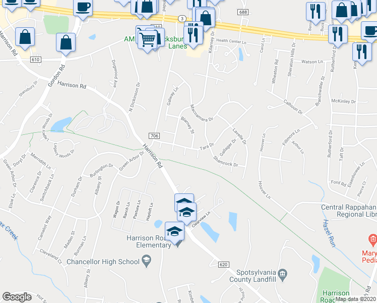 map of restaurants, bars, coffee shops, grocery stores, and more near 691 Folin Court in Fredericksburg