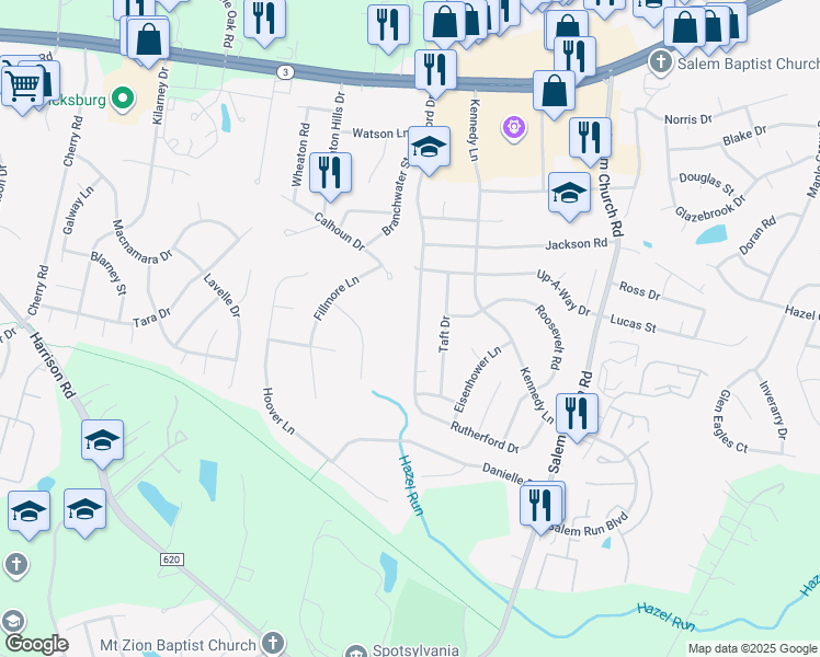 map of restaurants, bars, coffee shops, grocery stores, and more near 11818 Rutherford Drive in Fredericksburg