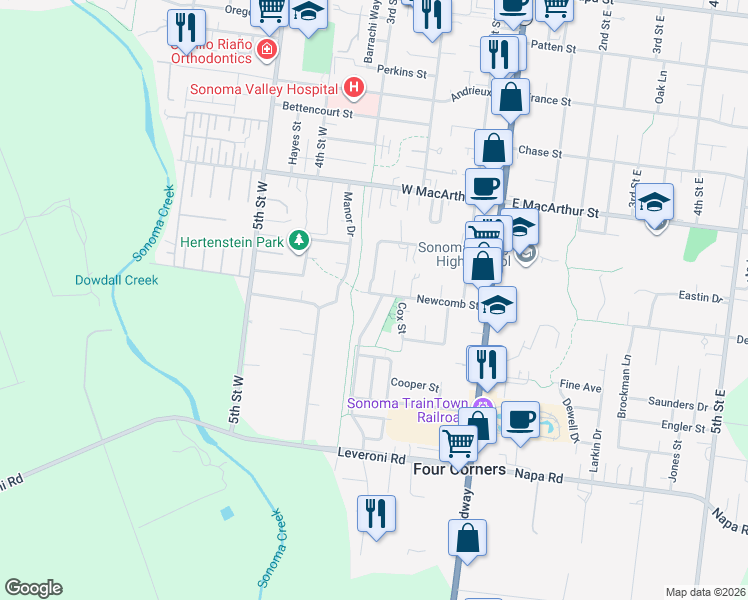 map of restaurants, bars, coffee shops, grocery stores, and more near 259 Newcomb Street in Sonoma