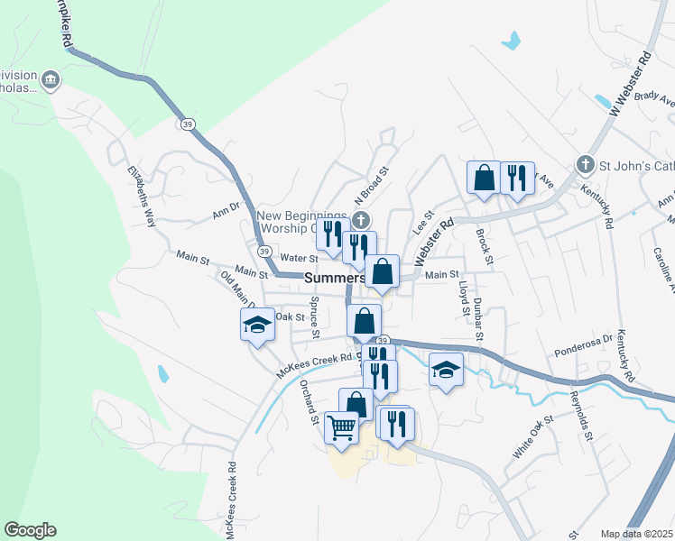 map of restaurants, bars, coffee shops, grocery stores, and more near 517 Main Street in Summersville