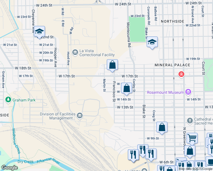 map of restaurants, bars, coffee shops, grocery stores, and more near 1520 Martin Street in Pueblo