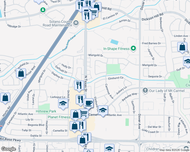 map of restaurants, bars, coffee shops, grocery stores, and more near 391 Arlington Circle in Fairfield