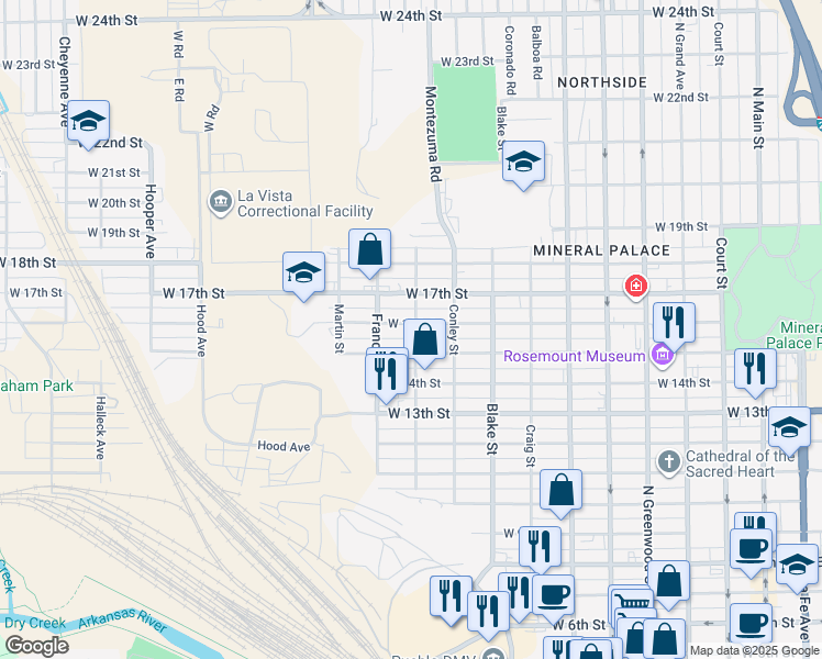 map of restaurants, bars, coffee shops, grocery stores, and more near 1026 West 16th Street in Pueblo