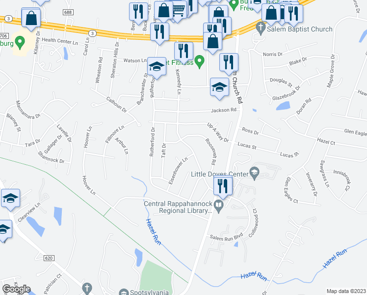 map of restaurants, bars, coffee shops, grocery stores, and more near 11804 Kennedy Lane in Fredericksburg