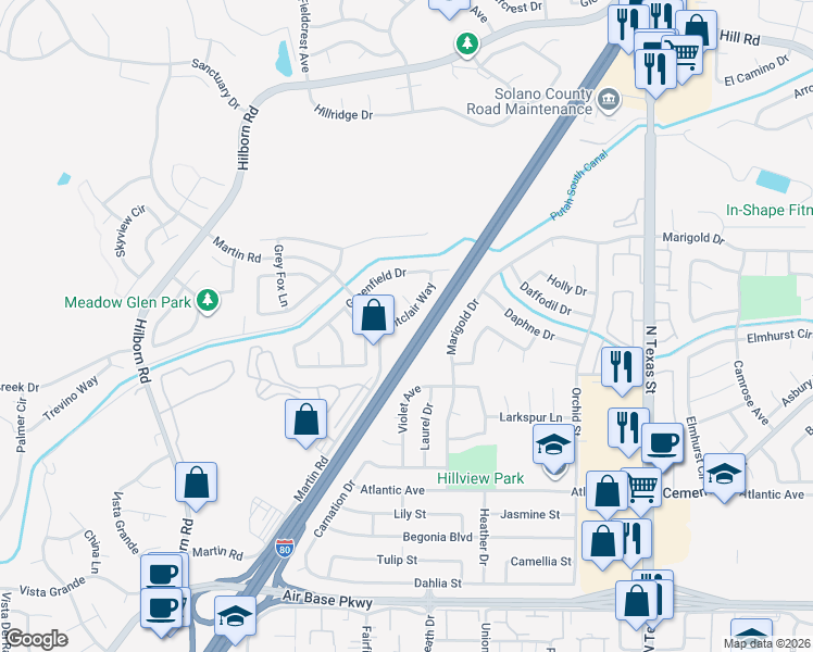 map of restaurants, bars, coffee shops, grocery stores, and more near 2860 Montclair Way in Fairfield