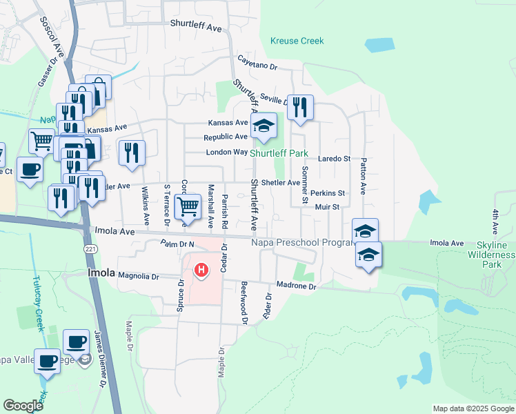 map of restaurants, bars, coffee shops, grocery stores, and more near 2180 Shurtleff Avenue in Napa