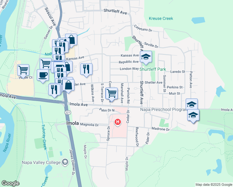 map of restaurants, bars, coffee shops, grocery stores, and more near 2165 Marshall Avenue in Napa