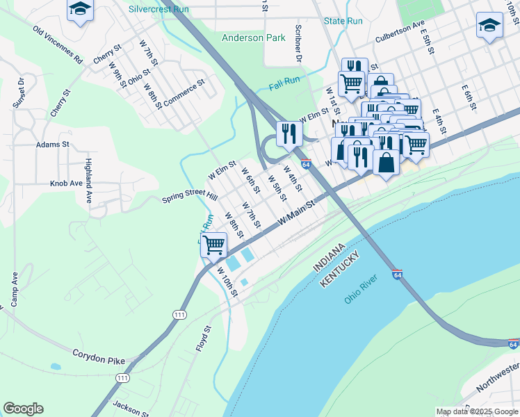 map of restaurants, bars, coffee shops, grocery stores, and more near 223 West 6th Street in New Albany