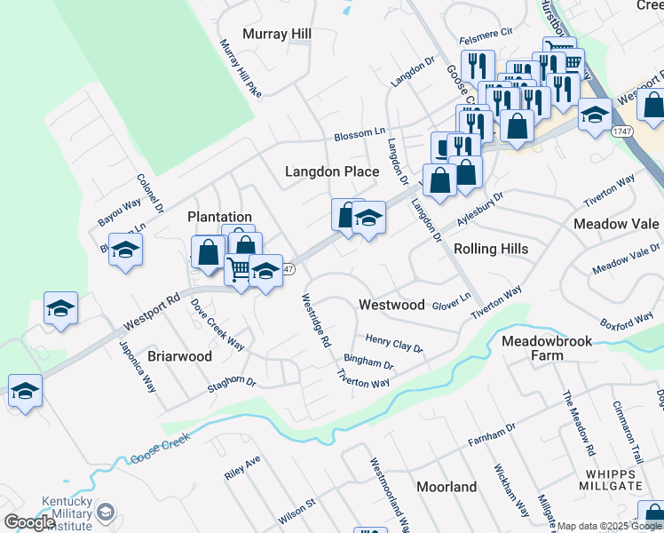 map of restaurants, bars, coffee shops, grocery stores, and more near 9007 Trentham Lane in Louisville