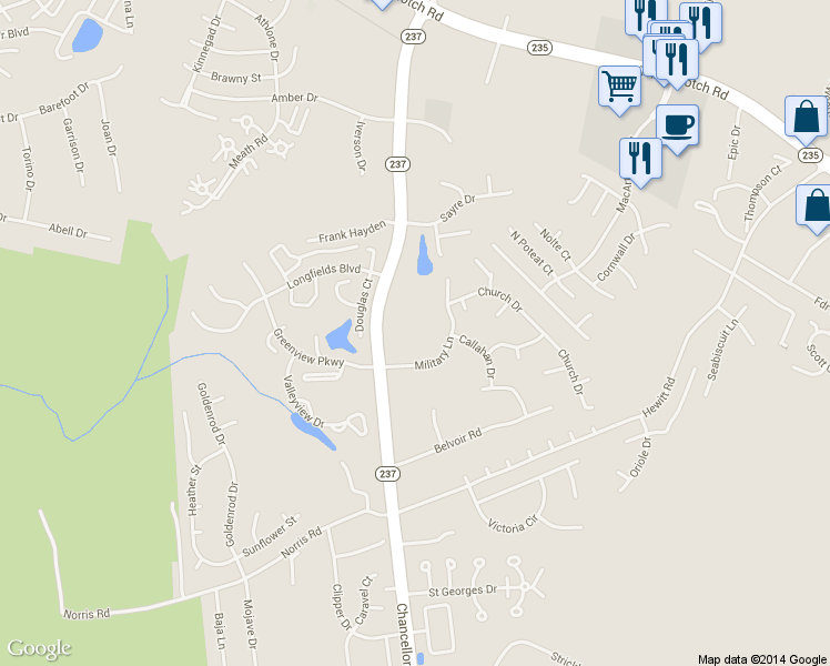 map of restaurants, bars, coffee shops, grocery stores, and more near 22340 Chancellors Run Rd in Great Mills