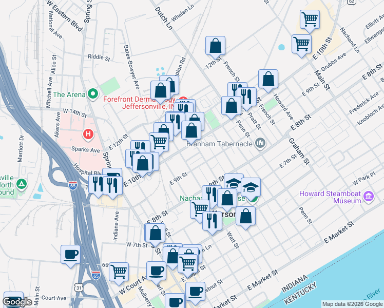 map of restaurants, bars, coffee shops, grocery stores, and more near 900 Henry Mason Way in Jeffersonville