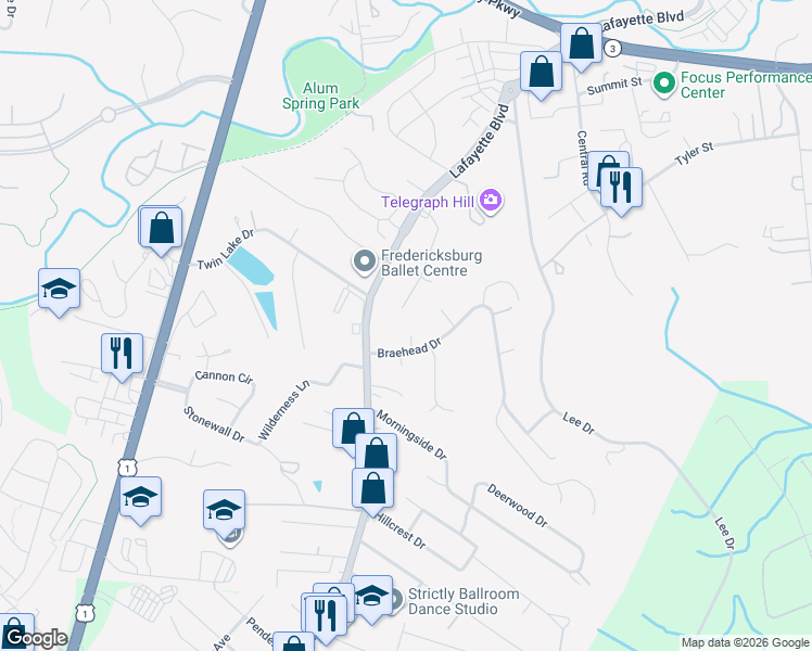 map of restaurants, bars, coffee shops, grocery stores, and more near 3 Barksdale Court in Fredericksburg