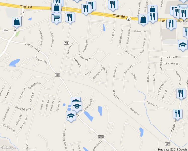 map of restaurants, bars, coffee shops, grocery stores, and more near 5069 Gallager Drive in Fredericksburg