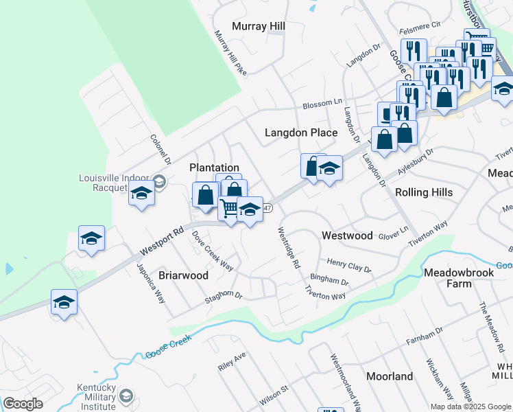 map of restaurants, bars, coffee shops, grocery stores, and more near 8805 Westport Road in Louisville