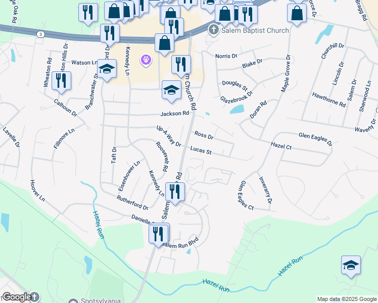 map of restaurants, bars, coffee shops, grocery stores, and more near 5728 Lucas Street in Fredericksburg