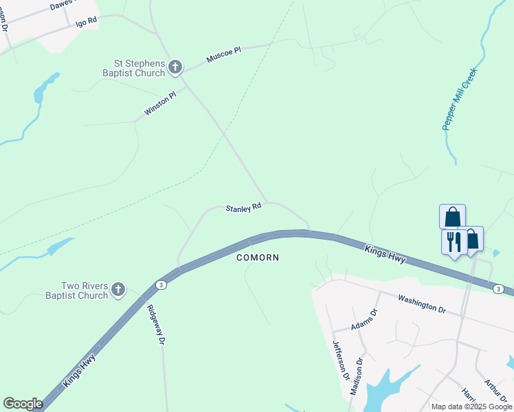 map of restaurants, bars, coffee shops, grocery stores, and more near 7104 Stanley Road in King George