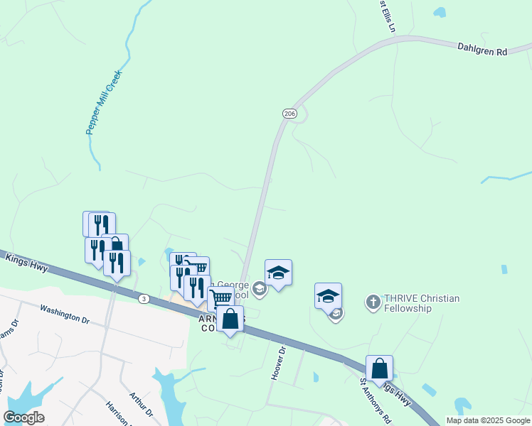 map of restaurants, bars, coffee shops, grocery stores, and more near 8394 Dahlgren Road in King George