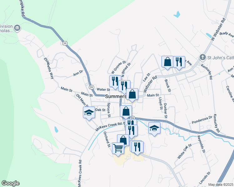 map of restaurants, bars, coffee shops, grocery stores, and more near 515 Main Street in Summersville