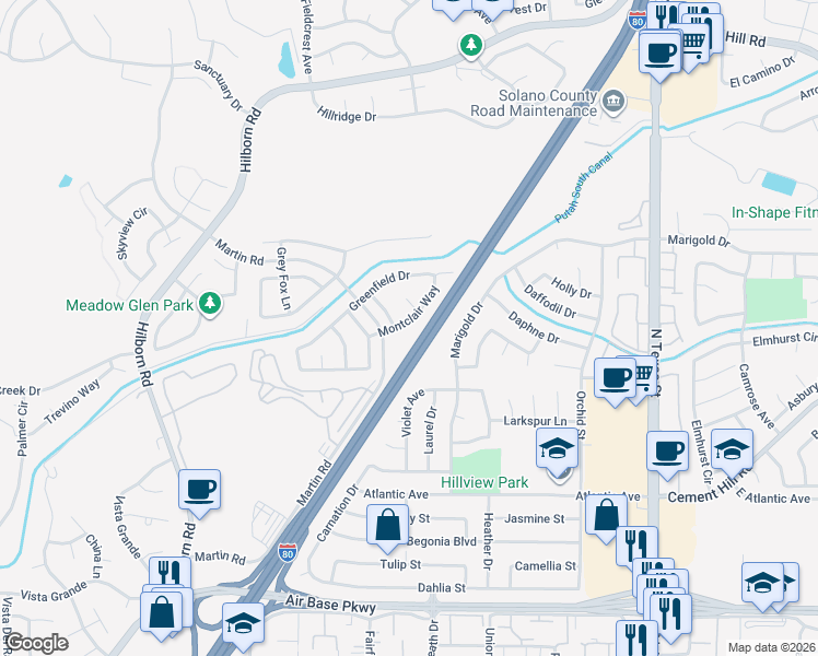 map of restaurants, bars, coffee shops, grocery stores, and more near 2860 Montclair Way in Fairfield