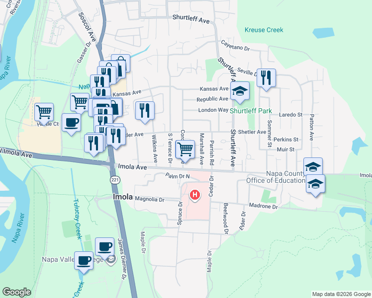 map of restaurants, bars, coffee shops, grocery stores, and more near 2160 Coronado Avenue in Napa