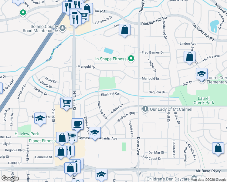 map of restaurants, bars, coffee shops, grocery stores, and more near 2819 Elmhurst Circle in Fairfield
